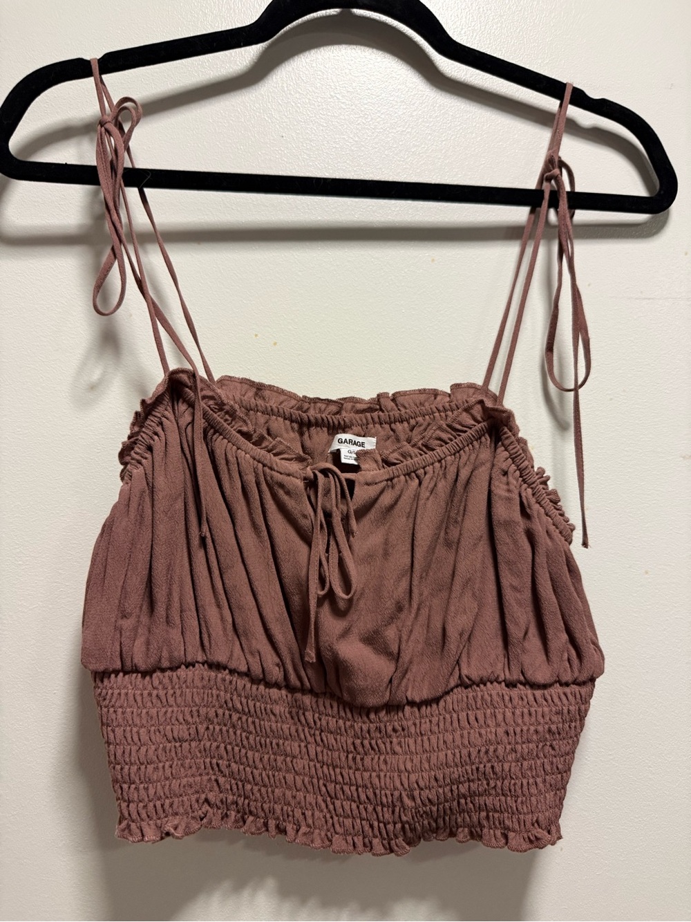 Garage Mauve Tie-Shoulder Smocked Crop Cami